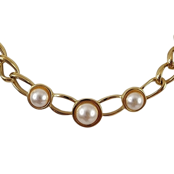 Vintage Napier Chunky Chain Necklace Open Link Cream Faux Pearl Cabochons - Picture 4 of 11